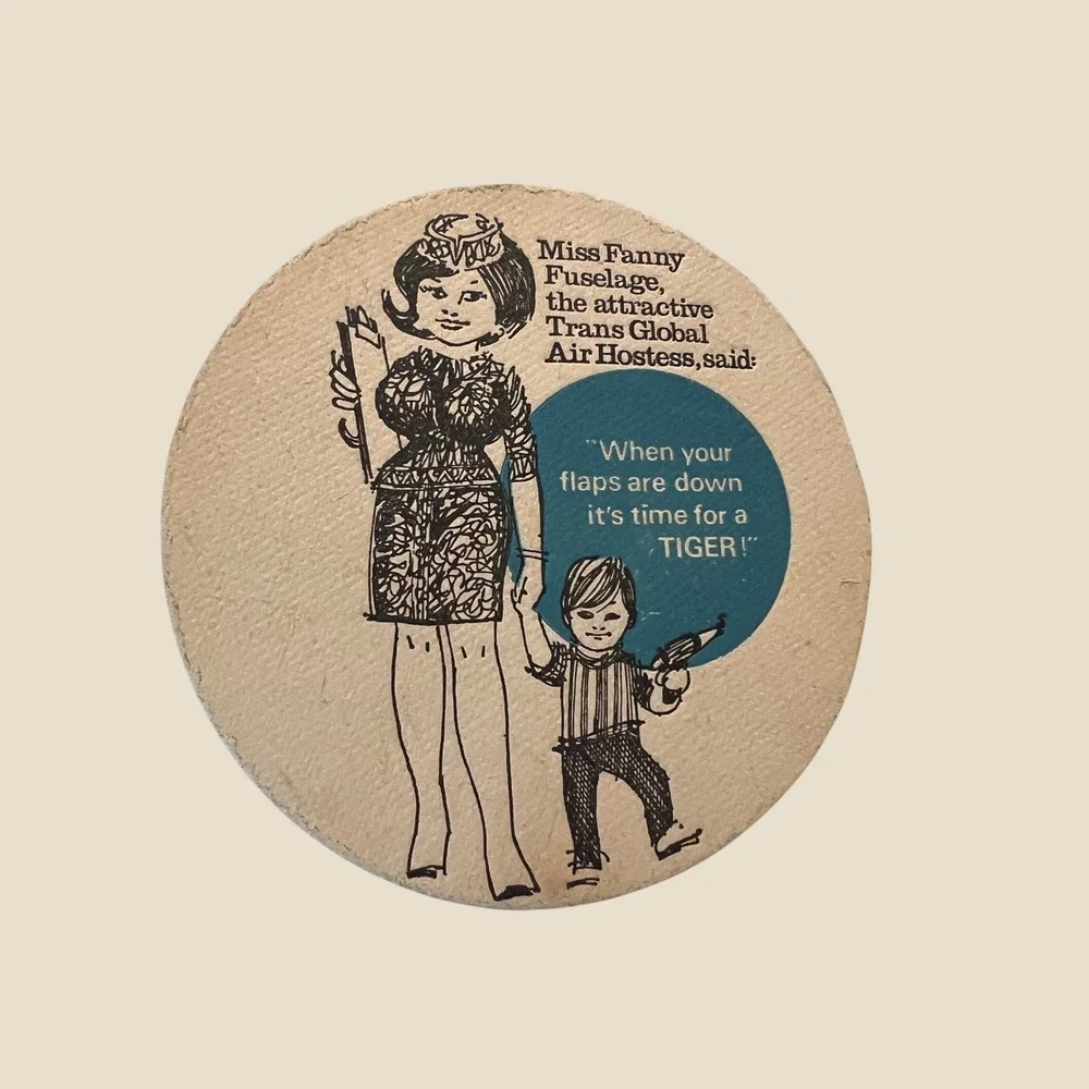 Tiger Beer Coaster Tan Vintage Miss Fanny Fuselage Double Sided Retro Mat